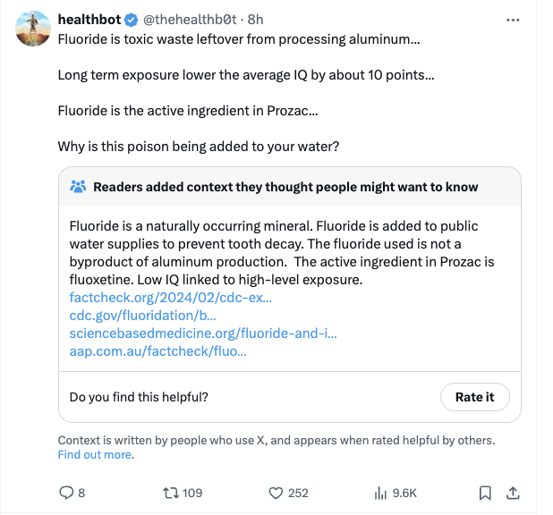 screenshot - healthbot . 8h Fluoride is toxic waste leftover from processing aluminum... Long term exposure lower the average Iq by about 10 points... Fluoride is the active ingredient in Prozac... Why is this poison being added to your water? Readers add